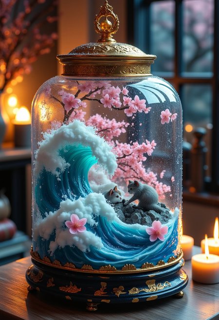 surreal, hyper-detailed, aidmamj6.1, 
A surreal and intricately designed glass terrarium containing a self-contained sakura blossoms tempest, where a legendary cat battles against towering waves frozen in time. The blossoms 
are masterful interplay of cerulean pink and foamy whites, captured in exquisite motion as it collides with jagged rocks emerging from the depths. The ornate golden lid of the terrarium glistens under the dim candlelight of a mystical setting, as condensation trickles down its pristine surface, blurring the line between reality and illusion. The entire composition radiates a timeless elegance, evoking a sense of adventure and artistry in a single suspended moment.
 <lora:aidmaMJ6.1-FLUX-v0.5:0.7000000000000001> <lora:FluxDFaeTasticDetails:0.3>