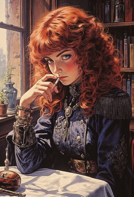 A girl with shoulder-length curly red hair is sitting at a table and smoking a cigarette. She stares intently at the camera. One of her eyes is covered with hair, and the other is purple in color. She is wearing a dark blue military uniform. the passage describes a highly detailed and ethereal side-profile portrait of. full body shot, masterpiece, best quality, 1girl, extremely beautiful, medium large breasts, slender body, curvy, wearing nordic clothes, mystic jewelry, model pose, perfect composition