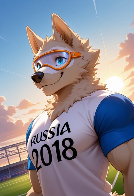 zabivaka, solo, furry, wolf boy, perfect eyes, smile, blue eyes, tail, muscular, athletic build, pectorals, dynamic angle, face focus, portrait, white shirt, short sleeves, blue sleeves, fifa, text on shirt, googles, unparalleled masterpiece, best quality, amazing quality, very aesthetic, extremely-detailed, soft shading, beautiful, detailed background, outside, cloud, sun, sky, detailed fur, detailed muscles, photorealism, semi-realistic lighting, side angle