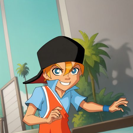 1boy, solo, leo, black cap, blonde hair, cyan eyes, smile