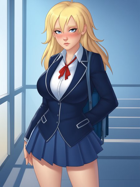 1girl, standing, looking at viewer, uncensored, score 9 up, score 8 up,
 <lora:[Feodosiy] My Little Angel GameCG Style PonyXL:1>,feodosiy, large breasts, blonde hair, long hair, hetero, blush, school uniform,