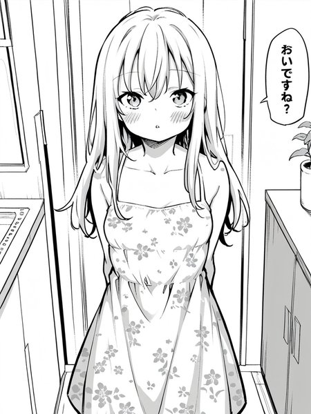 score_9, score_8_up, score_7_up,  
1girl, monochrome, white hair, long hair, small breasts,

standing, sundress, print dress, floral print, parted lips, looking at viewer , blush, arms behind back, indoors, home,