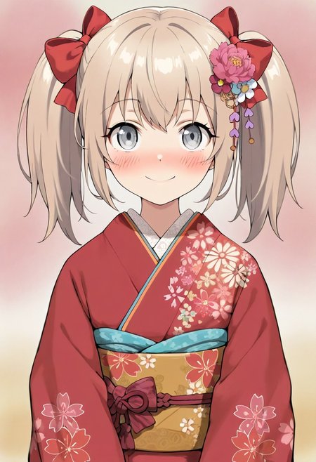 masterpiece,best quality,amazing quality, latina, 1girl, solo, looking at viewer, blush, smile, hair ornament, bow, twintails, closed mouth, upper body, flower, hair bow, japanese clothes, hair flower, kimono, red bow, floral print, red kimono, grey eyes