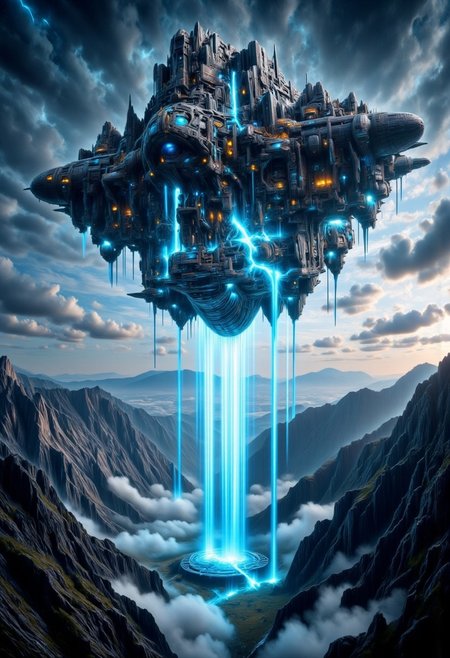An enormous alien mothership with a biomechanical, futuristic design hovers ominously over a vast mountainous landscape. Its colossal frame is adorned with intricate metallic plating, glowing energy conduits, and surreal organic-mechanical structures, pulsing with an eerie, otherworldly luminescence. The ship’s underside is lined with crystalline nodes and shimmering panels, releasing beams of shimmering blue and gold energy, cascading down like flowing liquid light. The beams illuminate the rugged terrain below, casting long, ethereal shadows across jagged cliffs and deep valleys.
The surrounding mountains are steep, rugged, and covered in a thin layer of mist, refracting the glowing alien beams like a spectral prism. The sky is an awe-inspiring mix of celestial storms and swirling nebulae, with streaks of distant starlight piercing through the alien atmosphere. The ambient lighting is cinematic and dramatic, with volumetric fog swirling in the valleys, enhancing the surreal atmosphere. The scene is imbued with a sense of grand scale, hyperreal detail, and science-fiction majesty, evoking awe and mystery.
The composition is ultra-detailed, photorealistic yet surreal, with crisp clarity and intricate textures. The light interactions feel tangible, creating a mesmerizing balance between hyperrealism and fantastical sci-fi aesthetics.