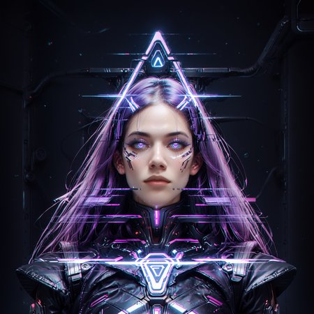 score_9,score_8_up,score_7_up, glitch, d1splaygl1tchl1nes, a glowing (triangle:1.2), (minamoto no raikou \(fate\):0.9), cyborg, mecha, breasts, contrapposto, shiny, glamour, makeup, glossy, glowing eyes, anamorphic, science fiction, geometric, cyberpunk style  <lora:Glitch:0.7>  <lora:Display_Glitch_Lines_Effect_PONY_XL_by_UOC:0.7> <lora:futuristic_Concept:0.2> <lora:Cyberpunk_Style:0.2> <lora:TransHumanizm_Concept_PONY_XL_by_UOC:0.4>, (black background:0.8), particles, dust, lines,mature,long hair, purple hair