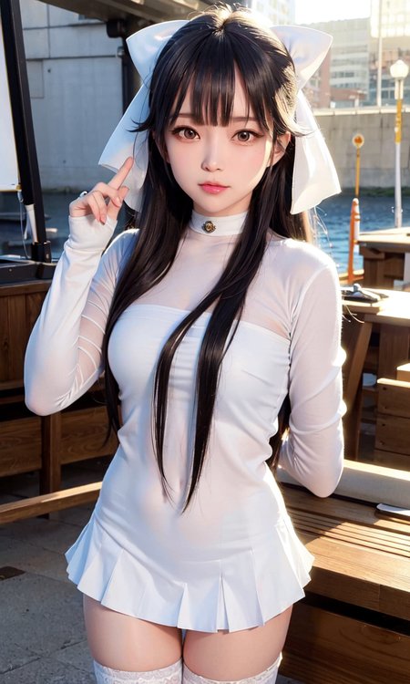 (8k, RAW photo, best quality, masterpiece:1.2), (realistic, photo-realistic:1.5),omertosa,(((1girl))),(Kpop idol), (aegyo sal:1),cityscape background, dailight,sunlight, professional lighting, photon mapping, radiosity, physically-based rendering,(comic market background:1.2), seashore background, sandy beach,crowd of people,<lora:koreanDollLikeness_v10:0.5> <lora:takaoAzurLaneFull_takao7682:0.7>,White military uniform, white miniskirt, long sleeves, gold buttons, gold armbands, gold collar, black hair, black ponytail with white ribbon, Azur Lane,  Takao
