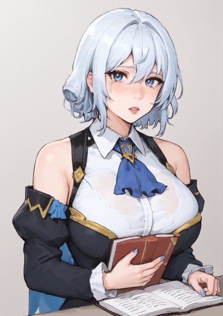 1girl, ars almal, ars almal (1st costume), huge breast, ascot, bare shoulders, black sleeves, blue ascot, blue eyes, blush, book, breasts, collared shirt, detached sleeves, hair between eyes, holding, holding book, long sleeves, looking at viewer, parted lips, puffy long sleeves, puffy sleeves, shirt, sleeveless, sleeveless shirt, solo, tears, upper body, white hair, white shirt, zPDXL3 <lora:mo0385:0.8>