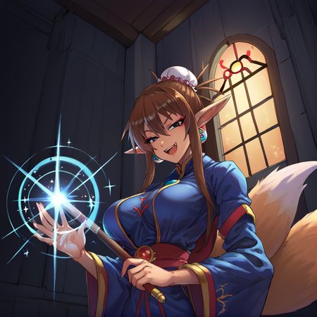 anime artwork Masterpiece, high quality, score_9, score_8_up, score_7_up, 1girl, solo, from below, witch, robe, smug, open smile, bedroom, window, backlighting, holding wand, casting spell, magic, sparkle, <lora:Ursula_Breath_of_Fire_IV_XL:0.3> brown hair, black eyes, sidelocks, single hair bun, bun cover, eyeliner, pointy ears, animal ears, fox tail, medium breasts <lora:Lorna-SDXL(Pony)-v01:0.6> victory, tan, pointy ears, long hair, <lora:CanvasSolaris_Style_V2.5:1> cnvsls . anime style, key visual, vibrant, studio anime,  highly detailed