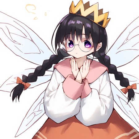 <lora:Artist_Style_jonsun_Request:1> jonsunstyle,   <lora:QueenRipplev3:1> 1girl, round eyewear, crown, fairy wings, purple eyes, black hair, twin braids