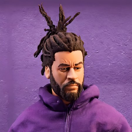 a photo of a cinematic still of rhwrld , dreads in a bun in the style of rbtchkn <lora:riiahworldxl:1> rhwrld <lora:jcoleXL:0.7> robot chicken, rbtchkn, robot chicken tv show, stop motion, depth of field , close up