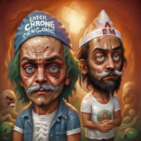 Cheech & Chong, 2 men, rotten skin, by Chris Mars <lora:Chris_Mars:1> <lora:zkeleton:1>