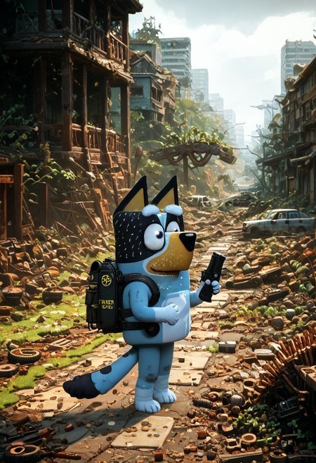 score_9, score_8_up, score_7_up, score_6_up source_anime, ruanyi0723,post-apocalypse,overgrown,moss, ((1boy, bluey style, blueyxl, boxchibi, bandit heeler, cartoon, dog, furry, white sclera, empty eyes, black eyes, thick eyebrows, dog tail, dog ears, black nose, wearing survival gear, wearing a survival backpack, holding a gun, shotgun in hand, walking on two legs, wandering on the road)), ((cautious, anger, furious, scared expression)), watching out for monsters, BREAK, realistic background, 2d character, outdoor, post-apocalypse, destroyed buildings, overcast, cloudy, realistic, overgrown post apocalyptic street, broken cars, dilapidated houses, houses covered in moss, road is damaged, A decayed ruined abandoned city full of decrepit concrete structures hollowed out by the ravages of time slowly being enveloped and overgrown by verdant foilage with grass, vines and trees cracking the remains of pavement and growing through gaps in the masonry, post apocalyptic, side view, depth of field 