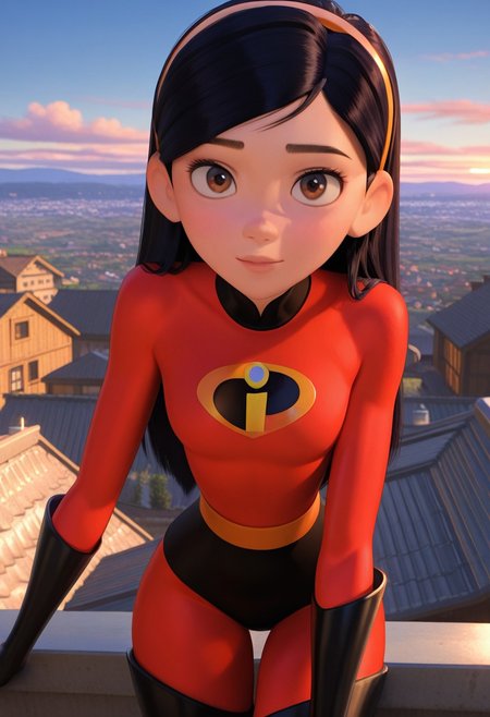 3d, 1girl, violet parr, superhero costume, looking at viewer, solo, cowboy shot, outdoors, (masterpiece,best quality,newest,absurdres,highres) <lora:VioletParr_NAI:1>, leaning forward, rooftop, city view, brown eyes, rural, countryside evening, beautiful sky