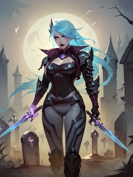 score_9, score_8_up, score_7_up, BREAK, KatarinaDS, 1girl, solo, turquoise hair, hairpin, scar on eye, black lips, purple eyes, high collar, black corset, one glowing ghost hand, one glove, glowing daggers, gray pants, black boots, Concept Art, pierces enemy body with a dagger, graveyard background, fogy night, <lora:KatarinaDS:1>  <lora:Concept Art Twilight Style SDXL_LoRA_Pony Diffusion V6 XL:1>