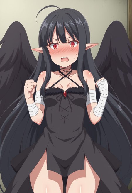 EBEve, 1girl, solo, long hair, blush, open mouth, black hair, red eyes, dress, bare shoulders, very long hair, collarbone, small breasts, thick thighs, wings, teeth, pointy ears, sweatdrop, black dress, nose blush, halterneck, bandages, feathered wings, clenched hands, black wings, bandaged arm, criss-cross halter, aged up, 
 <lora:xl_more_art-full_v1:0.8>,  <lora:EveReese:1>