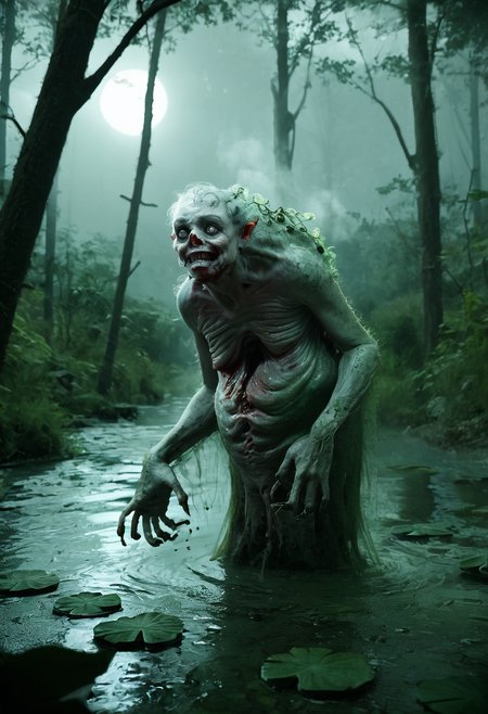 score_9, score_8_up, score_7_up, zy_monster, realistic, swamp, blackened water, submerged bodies, twisted trees, gnarled branches, fleshy vines, twitching, pulsing, enormous creature, nightmarish amalgamation, limbs and faces, bony arms, clawed hands, contorted face, eyes and mouths, agony, unnatural grin, bubbling water, steaming, blood trails, ichor, misty air, distant moon, eerie silver light, bog, horror, grotesque, dark atmosphere, highly detailed, high contrast, film grain, Rim Lighting , <lora:zy_Horror_Monsters_PonyRealism_v1:0.75>