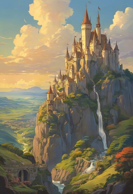 (studio ghibli drawing), (studio ghibli painting),best quality, masterpiece, extremely detailed,  professional  art,  professional painting, an extremely delicate and beautiful, dynamic,  great lighting, perfect shading, professional shading, depth of field,   side soft light, elegant, gorgeous, highly detailed,   full shot, uncropped,   pure genius, absolutely perfect,  highly detailed, breathtaking,  a giant and sheer cliff face featuring a waterfall with an epic Germanic walled castle built on top of the cliff, a walled city with many buildings lays in the fields below, fantasy, sunset
