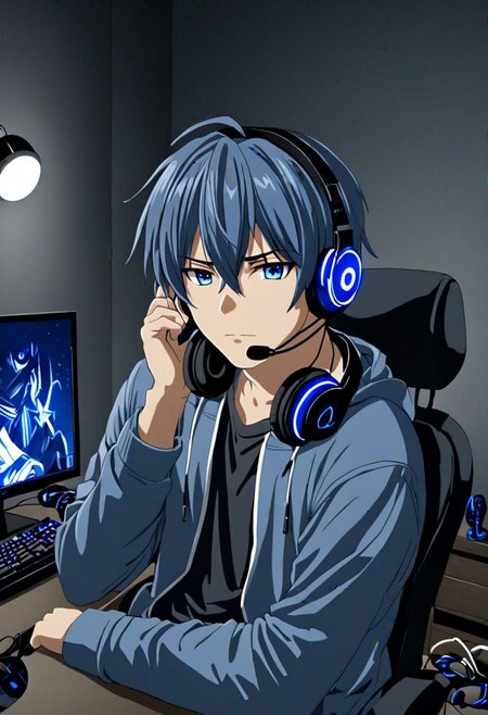 high resolution, solo, best quality, 1Boy, Tomoya Okazaki, Grey Blue Hair, gamer, bedroom, night, pc, sit, headset, portraits, OverallDetail