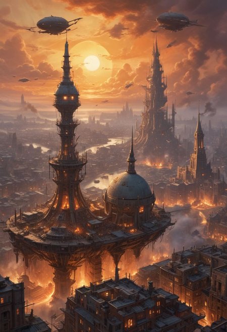 Arial, downward angled, expansive photograph, ((colossal flying city in the sky is hovering ahead at a distance), in a (dramatic sky streaked with orange and hues of a setting sun), (the flying city, is supported by massive, churning propellers and jet engines spewing thick black smoke)), 
((The flying city's cityscape is a labyrinth of metal and rivets, with jagged spires and towers bristling with antennas, pipes,  radar dishes, suspended walkways and bridges connect various parts of the city, rust-streaked fuel tanks and oil drums are bolted onto buildings, connected by thick tubes), (buildings vary from gothic cathedrals with stained glass windows to utilitarian factories with soot-stained chimneys)),
<<BREAK>>
((A cluster of zeppelins and airships hovers near the flying city, docked to gantries, below, a massive rotating turbine creates a shimmering heat haze, adding to the city's fortress-like presence),
((The industrial aesthetic, scene is illuminated by the warm glow of incandescent lamps and occasional sparks from welding torches, highlighting the contrast between the mechanical and the signs of human life))