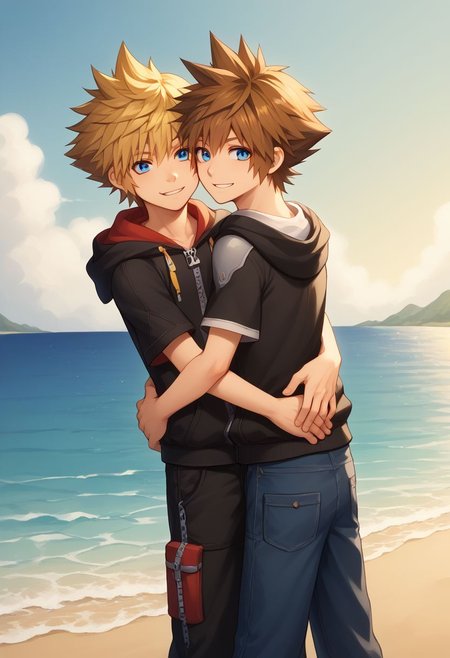 score_9, score_8_up, source_anime, highly detailed, 2boys,
sora, spiked hair, male focus, 1boy, brown hair, blue eyes, zipper, hoodie, BREAK
roxas, 1boy, zipper, male focus, spiked hair, blue eyes, blonde hair, pants, short sleeves, zipper pull tab, 
indoor, outdoor, beach, bare foot, hug, smile, foot in water, stand,