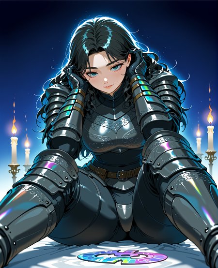 PonyScores7, source_anime, ah1, <lora:natsumi_style:0.5>, <lora:by_usakun-pony:0.4> by usakun, <lora:Akina_Bbw_Style_-_PonyXL:0.2> AkinBw
BREAK 1girl, (curly hair), long hair, (black hair:1.3), mature female, (parted hair:1.7), (round face:1.2), (thick eyebrows:1.5), (curvy), round-chin, (greenish hazel eyes), caucasian, (downturned eyes:1.4), (plump face), messy hair, <lora:Round_face:0.1>, <lora:ETO_OCPonyXL:0.5> eto_oc, skindentation, (plump), thick thighs, wide hips, busty, voluptuous, kinky curls, lips, <lora:venus body PonyXL:0.4>,  (fear, smile), (Lying on a field of flowers, hands intertwined behind the head, feeling relaxed), (romantic string lights truffles candlelight scenic overlook romantic picnic in the park diamond rings writing love poems), looking at viewer, (<lora:Some_Kind_of_Iridescent_Damascus_Steel_XL:0.8> Iridescent Damascus, (iridescent damascus armor:1.7),  <lora:Terraformars:0.1> terraformarsmoviebodysuit, iridescent damascus armored bodysuit, boobplate, shoulder pads, wrist guards, gloves, utility belt, belt pouch, hip armor, crotch plate, thigh armor, knee pads, shin guards, armored shoes)
BREAK <lora:xl_more_art-full_v1:0.2>, <lora:shinyskin2:0.2> glistening skin, <lora:aesthetic_anime_v1s:0.2>, <lora:Expressive_H:0.2> Expressiveh, <lora:hairdetailpxl:0.2> hairdetailpxl, <lora:EpicF4nta5yXL:0.2>, <lora:detailxl:0.2> detailxl, <lora:Fant5yP0ny:0.2>, best quality, amazing quality, best aesthetic, absurdres, <lora:expressive eyes:0.2> expressive eyes, <lora:eyedetailpxl:0.2> eyedetailpxl, illustration, Volumetric_Lighting, ultra-detailed, very aesthetic, intricate details, 8k, masterpiece, best_quality 
BREAK (Eye-level angle view medium Close shot (focus on head)) 
BREAK <lora:Eyes_High_Definition:0.3> EyesHD, Stable_Yogis_PDXL_Positives, AS-Adult, <lora:Complicated fantasy portrait - XL Pony V2.0:0.4>, bad-hands-5
