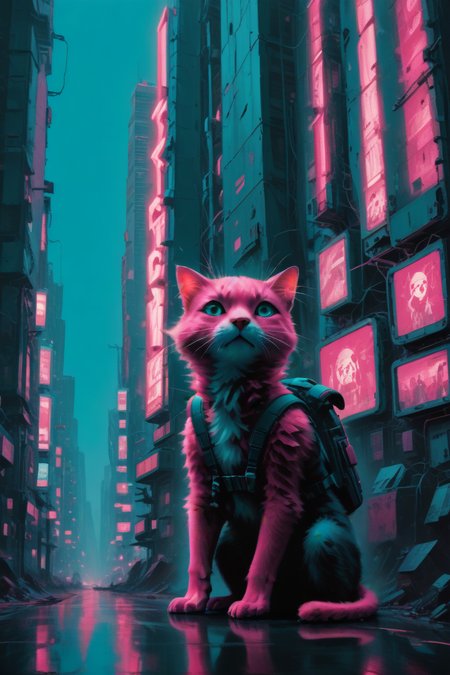 cyberpunk city,small backpack, cat,
no human beings, no humans, 
glowing, el3ctr1c,pink and aqua theme,
<lora:sdxl_lightning_8step_lora:1>,
 hyper-Detailed, masterpiece, best Quality,film Grain, 
score_9, score_8_up, score_7_up,  
<lora:electric_flamingo:0.8>