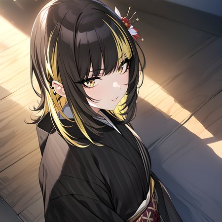 (masterpiece),(best quality),(ultra-detailed),(best illustration),(best shadow),(absurdres),(detailed background),(very aesthetic)luca ikaruga, 1girl, solo, japanese clothes, yellow eyes, kimono, black hair, blonde hair, multicolored hair, hair ornament, black kimono <lora:Luca_Ikaruga__æé³©ã«ã«_-_The_Idolmster_Shiny_Colors__ã¢ã¤ãã«ãã¹ã¿ã¼_ã·ã£ã¤ãã¼ã«ã©ã¼ãº_SDXL_-_Animagine_XL_3.1:1>