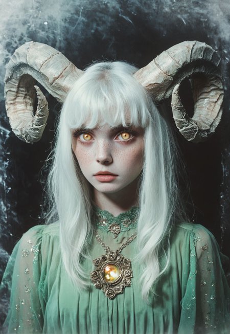 score_9, score_8_up, score_7_up, beautyfull color, aesthetic, colourful, ArsMovieStill, movie still from a 1970s horror movie, 1girl, solo, twisted ram's horns, freckles, white hair, long bangs, golden eyes, vertical pupils, pale skin, green dress, BREAK medium shot, detailed background