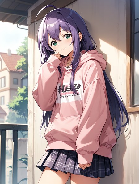 score_9,score_8_up,score_7_up,
official art,official style,game cg,megami magazine,
uncensored,
1girl,solo,
mochizuki anna,purple hair,green eyes,ahoge,long hair,
pink hoodie,skirt,hoodie,skirt,
<lora:idolmaster_mochizuki_anna_pony_v1.1-000006:1>,