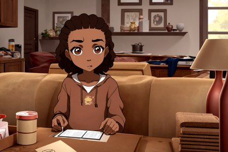 a Russians 22 years old woman Brown Vintage Waves, sitting in a couch in the living room, well draw eyes and eye pupil , EdobBoondocksArtStyle  <lora:EdobBoondocksArtStyle_v1.0:0.8>