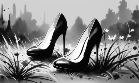 <lora:cipcd_xl-000005:0.9>,a monochrome theme cipcd_xl painting,greyscale,a pair of high heels on the grass,no humans,solo,white background,simple background,simple detailed,8K,HDR,UHD,masterpiece,best quality,high resolution,wallpaper