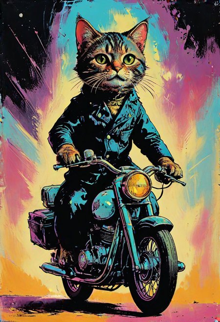 impactful color paint of  old book illustration, 1950s retro science fiction cat driving motorbike, muted colors, art by jean baptiste monge, masterpiece  <lora:Bold_Pop:0.6>  highly detailed, vibrant colors , 8k, sharp, professional, clear, high contrast, high saturated, , vivid deep blacks, crystal clear