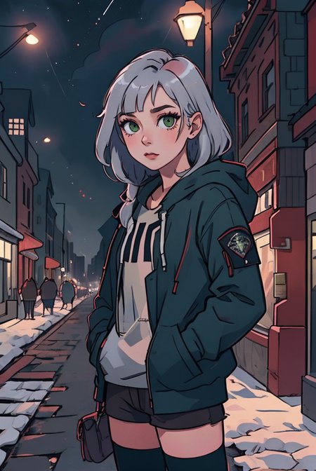 (masterpiece, best quality, high quality, highres, ultra-detailed), city, scenery, night, building, sign, cityscape, pantyhose, skyscraper, street lights, 
solo, 1girl, snake eyes, green eyes, hood, long hair, white hair, looking at viewer, outdoors, hood down, hands in pockets, thighhighs, bangs, long sleeves, jacket, black thighhighs, 
<lyco:NijiJourney-LyCoris-V6:0.8>, AS-Adult, Asian-Less, OverallDetail, SkinHairDetail, <lora:slit-pupils:1>,