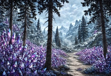 A beautiful Skyrim landscape made of sparkling amethyst crystals, detailed textures, soft natural lighting, atmospheric perspective, realistic clouds and foliage, realistic textures, RAW photo, 8k, uhd, dslr, high quality, realistic photograph, depth of field, skyrim
