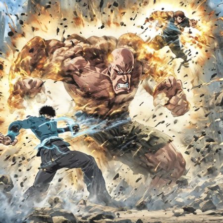 man fighting giant, guns, power attack, finishing move, action shot
