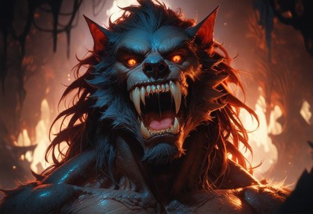 score_9, score_8_up, score_7_up, score_6_up, ,  , volumetric lighting,  ,, gothic  , gorgeous view, , , , , looking at viewer, located in a cave, dark cavern,  werewolf, teeth, saliva, muscles