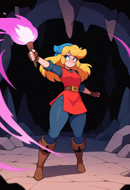 masterpiece, best quality, very aesthetic, absurdres,
1girl, cadence, blue eyes, blonde hair, long hair, 
thick thighs, blue bandana, red tunic, fingerless gloves, brown boots, belt, blue pants,
standing,
smile, holding torch, cave background  <lora:CadenceIllustriousXL_byKonan:1>