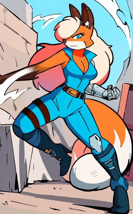 score_9, score_8_up, score_7_up,((best quality)), absurdres, <lora:BolivanteStyle:0.8>,  <lora:SSTANRPXL:0.8>,SSTANRPXL, single mechanical arm, fox, blue bodysuit, bodysuit, sleeveless, belts, 1girl, solo, long hair, breasts, looking at viewer, blue eyes, blonde hair,animal ears, cleavage,boots, belt,hair over one eye, high heels,fox ears, fox tail, fox girl,furry, furry female, body fur,prosthesis, blonde hair, action pose, outside