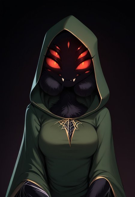 score_9, score_8_up, score_7_up, highres, high quality, perfection,
BREAK 
1girl, (solo: 2.0), girl alone, front view, portrait, dark background,
BREAK 
furry female, arachnid girl, spider girl, (anthro spider girl: 1.2), beautiful girl, cute girl, adult, 20 years old, detailed body, detailed fur, (black fur: 1.2), fluffy, one-tone fur, shapely girl, (slim body: 1.2), petite body, (bald_girl: 1.2), (baldness: 2.0), detailed face, beautiful face, eyelashes, (red eyes: 1.2), extra eyes, 6 eyes, lot of eyes, (glowing eyes: 1.2), perfect eyes, detailed eyes, (fangs: 1.2), mandibles, medium breasts, extra arms, 4 arms, 6 arms,
clothed, dark-green cloak, hooded cloak, hood on,
standing, posing, looking at viewer,
BREAK
web, spider web everywhere,