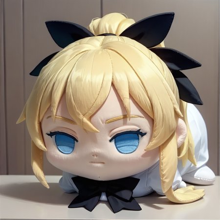 score_9, score_8_up, score_7_up, source_anime, 1girl, solo, <lora:NSLillyKatawa:1> NSLillyBase, blue eyes, blind, no pupils, blonde hair, long hair, ponytail, black hair ribbon, black bowtie, white collared shirt, puffy sleeves,  <lora:hauntedBeanPlushieThatWill_v10:1> haunted bean plushie