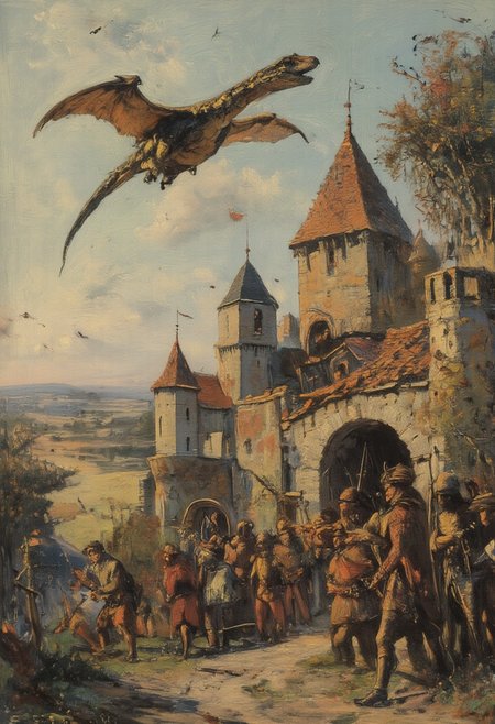 oil painting with illustration fineliner work, drawing of ancient barbaric bone and stone castle with flying dinosaur above, tribe of warriors ready for battle with the beast, archers aiming upwards,  OByouhua DRK