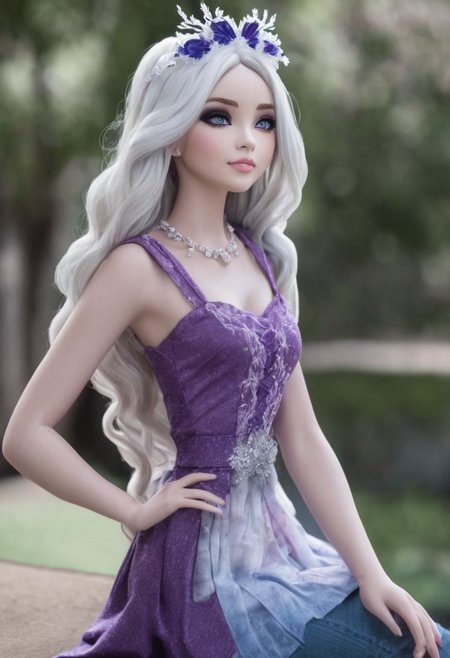 Expressiveh, (Masterpiece, best quality:1.8), score_9, score_9_up, solo, , soft shading, strong lighting, (anatomically correct), best high quality, high res, jewelry, cute, beautiful, (ultra realistic,32k, masterpiece:1.2),(high detailed skin:1.1),( high quality:1.1, (moody lighting:1.1), sexy, 1girl, crystalwinter, show accurate, ever after high, 30 years old, full body visible, seductive pose, jewelry, seductive look, smiling, face focus, long hair, hair ornament, wavy hair, messy hair,  breasts,  white hair, wavy hair, very long hair with multicolored highlights, (white purple cyan streaks),, black tanktop, straps, cleavage, sleeveless, denim shorts, feet visible, black pantyhose, pantyhose, barefeet, irl, realistic style, sitting, park background, NSFW, BadDream,  irl, photorealistic, uncanny valley