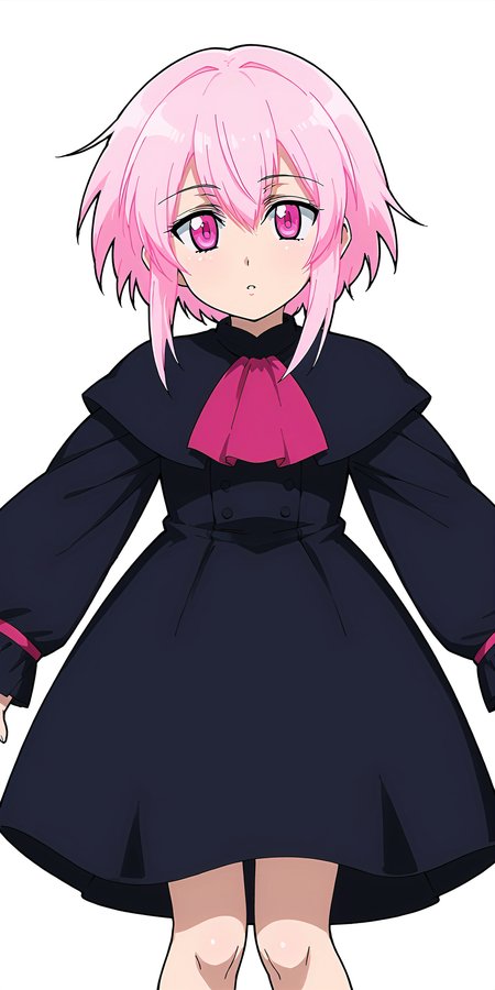 <lora:Artemis_(Tsukuyomi)-000049:0.8>,artemis_(moon phase),pink hair,pink eyes,black dress,white background,