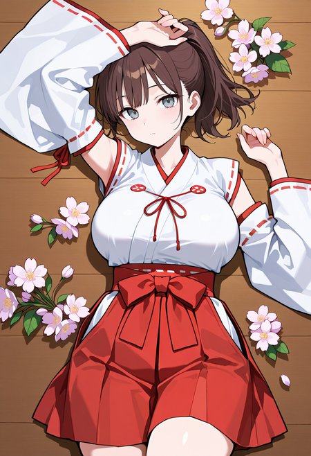best quality, amazing quality cowboy shot, simple background,((outlined outlined vector graphics)),  beautiful scenery,  from above ,  looking at viewer ,
1girl, 20yo, brown hair, gray eyes, (large breast:1.1), (ponytail:1.1), medium hair,(curvy:1.1),bangs, cute face,
 pink clothes, pink skirt, expressionless ,  , miko , miko-cosplay   , detached sleeves, wide sleeves,  lying ,  , arm up ,  , kawaii, flowers,  <lora:miko-cosplay-il-01:0.8>