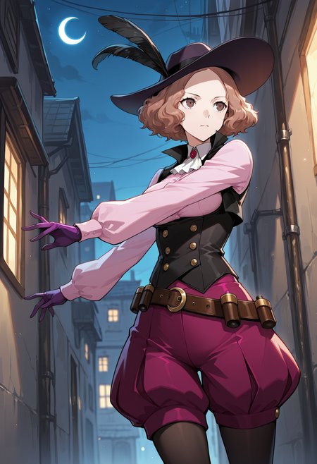 (masterwork, masterpiece, best quality, hyper-detailed),
1 girl, solo, 
p5haru, brown hair, short hair, wavy hair,
p5haru-noir, hat, hat feather, ascot, pink shirt, long sleeves, vest, underbust, magenta shorts, puffy shorts, legwear under shorts, black pantyhose, purple gloves, belt, bandolier,
outdoors, alley, nighttime, crescent moon, starlight, standing, dramatic pose, fighting, cowboy shot,