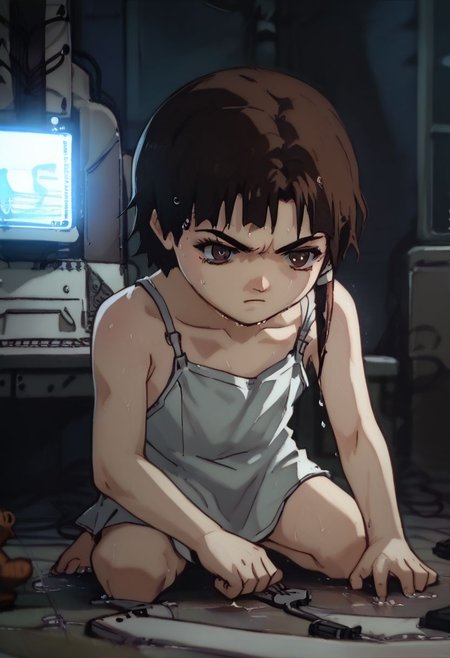 score_9, score_8_up, score_7_up, score_6, source_anime, lain, kneeling, chibi, kawaii, white camisole,  (((((computer error screen))))), angry, furious, side view, annoyed, swearing, furious, dark computer room, watercooling systems, computer screens, computer room, computers, computer cables, networl cableslain's bedroom, ((low light, pitch dark)), dark night, dark ambiance, (((puddles, wet floor))), night, teddy bears background
