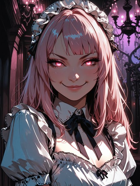 (realistic:1.2), (very awa:1.2), (masterpiece:1.2), (best quality:1.2), (amazing quality:1.2), (very aesthetic:1.1), high resolution, absurdres, ultra-detailed, hdr, dark background, solo, portrait from the waist up of civchan with flowing pink hair, side bangs, faint glowing eyes, ominous dimly lit gothic castle interior, red drapes, rembrandt lighting, chandelier, perfect makeup, light smile, smug smile, maid costume, puffed sleeves, ovg, nlstn, gthan, <lora:civchan-illustrious-by_civchan:1.0> <lora:style-bss-gthan-illustrious-by_blacksnowskill:0.8> <lora:style-bss-nlstn-illustrious-by_blacksnowskill:0.6> <lora:dramatic_lighting_slider-illustrious-by_klaabu:2.4>