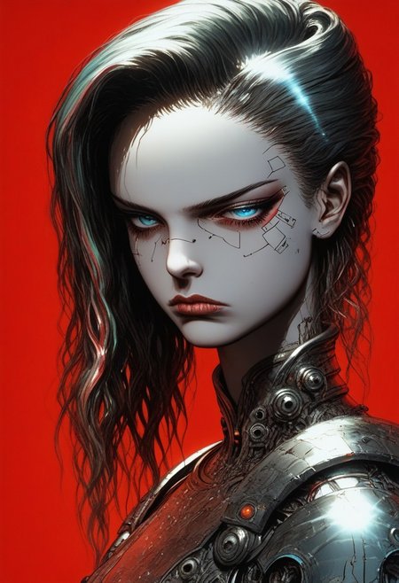 score_9, score_8_up, score_7_up, (absurdres, best quality, masterpiece:1.4), score_9, score_8_up, score_7_up, score_6_up, detailed, detailed body, detailed face, fantasy, lora:add-detail-xl:1.5, easynegative, anime, chromecore, expressiveh, deedees, g4n1m3, comicbookpage style, (regal medieval armor), (shiny black chrome armor), (reflective metallic silver skin), (chrome sword), (glowing red details), (long black hair), (red background), (sinozick style), (flat color), (simple background), (dark purple and black tones), (vibrant accents of gold), (colorful), (expressionless), (serious), (dark vibes), (dark fantasy), (intricate armor details), (reflective chrome highlights), (colored skin), (gradient effects), (mythp0rt), (polished textures), (dramatic lighting), (surreal elegance), (sparkling chrome accents), (intricate details), (minimalistic backdrop), (striking composition), (ethereal glow), (moody aesthetic), (highly reflective chrome), (soft gleam from the armor), (light reflecting chrome details), (shimmering highlights), (futuristic armor and sword), (glowing red chromatic effects).