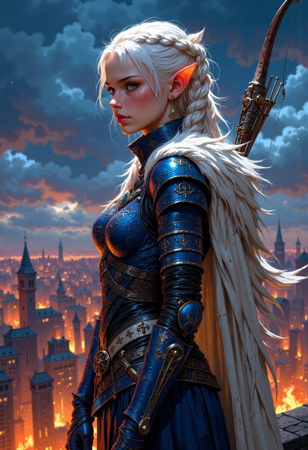 cinematic photo. Image is a digital painting featuring a fantasy-themed scene. The layout is vertical, focusing on a central female elf figure standing on top of the roof, looking at burning medieval city under her feet. The woman has fair skin and long, white hair with braids. She wears a dark blue mythril armour, dark cobalt chainmail with silver elven ornaments. Her expression is confident and cold, with a slight scorn. A large bone longbow in on her back, with ornate gray quiver beside. The background is a cloudy night sky, enhancing the dramatic lighting on the subject. A white fur cloak drapes over her back, adding to the fantasy and slightly dystopian atmosphere. 35mm photograph, film, bokeh, professional, 4k, highly detailed
<lora:Anime v1.3:0.6> <lora:VividlySurreal:0.6> <lora:FLUX-daubrez-DB4RZ-v2:0.4>  <lora:FluxMythP0rtr4itStyle:0.6>