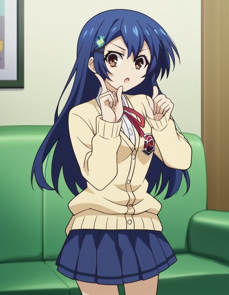 score_9, score_8_up, score_7_up, source_anime, <lora:shiori-itsuka-s2-ponyxl-lora-nochekaiser:1>, shiori itsuka, long hair, hair ornament, brown eyes, blue hair, hairclip, otoko no ko,, skirt, ribbon, school uniform, pleated skirt, cardigan, blue skirt, yellow cardigan,, living room, sofa, TV, coffee table, decor, , <lora:hoshino-ruby-dance-ponyxl-lora-nochekaiser:1>, hoshino ruby dance, finger wagging, index finger raised, dancing, outstretched arm,, looking at viewer, solo,, dutch angle, cowboy shot